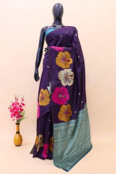 Bright Grey Pure Handloom Tassar Ghicha Bapta Silk Flower Design Saree