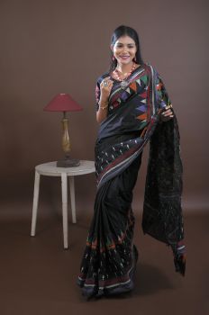 Black Pure Handloom Katha Stitch Saree From Bengal