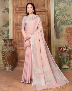 Pink Rose Pure Handloom Silk Cotton Saree From Banaras