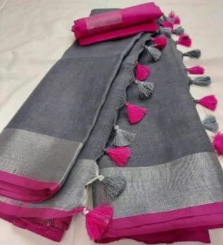 Grey Plain Linen By Linen Saree From Bhagalpur