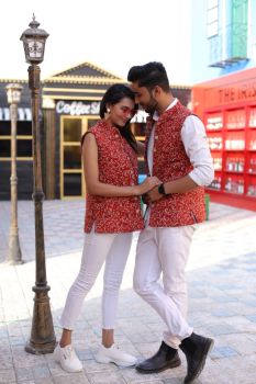 Red Pure Hand Block Printed Cotton Jacket Couple Set