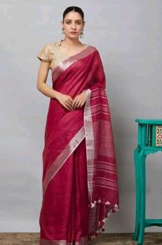 Magenta Plain Linen By Linen Saree From Bhagalpur