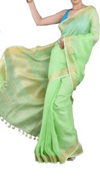 Light Green Plain Patterned Linen Saree With Golden Border