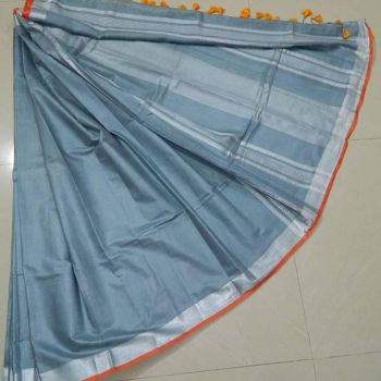 Grey Plain Linen By Linen Saree From Bhagalpur