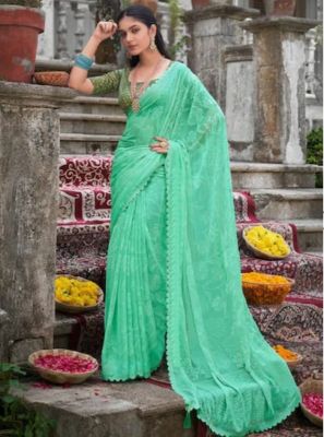 Aqua Green Pure Handloom Banarasi Silk Saree From Banaras