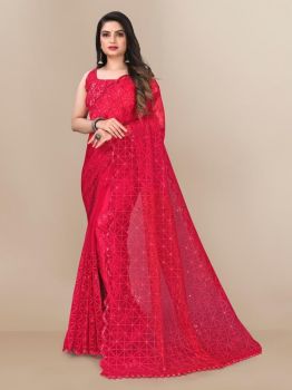 Red Box Design Embroidery Piping Work Soft Net Saree