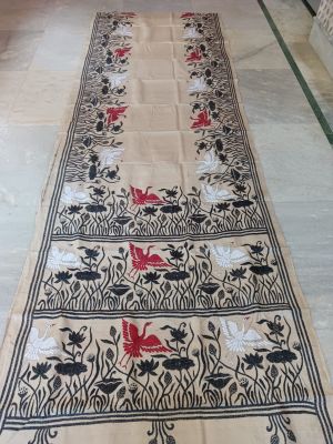 Cream Black Pure Handloom Kantha Silk Saree From Bengal