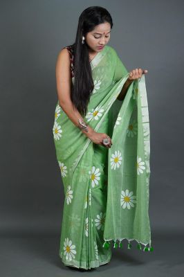 Olive Green Pure Handloom Cotton Saree From Bengal