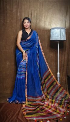 Royal Blue Pure Handloom Linen By Linen Saree From Bengal