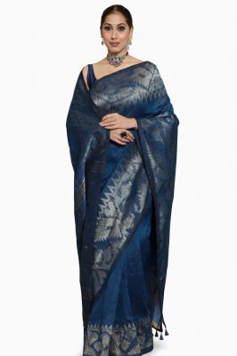 Sea Blue Linen Pure Handloom Saree From Bengal