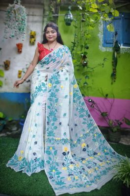 White Pure Handloom Dhakai Jamdani Saree From Bengal