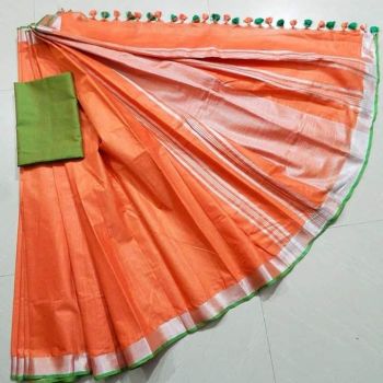 Orange Plain Linen By Linen Saree From Bhagalpur
