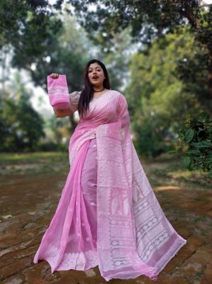 Pink Pure Handloom Dhakai Jamdani Saree From Bengal