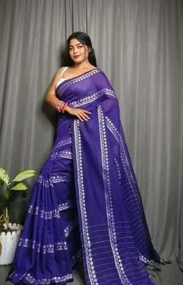 Royal Blue Pure Handloom Cotton Saree From Bengal