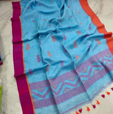 Sky Blue Pure Handloom Linen By Linen Saree From Bengal