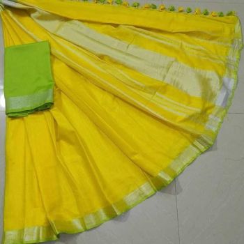 Light Yellow Plain Linen By Linen Saree From Bhagalpur