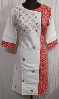 White Red Pure Handloom Kantha Stitch Kurti From Bengal