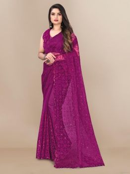 Purple Box Design Embroidery Piping Work Soft Net Saree