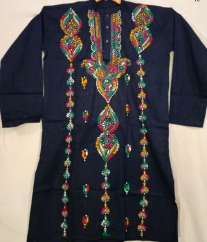 Navy Blue Pure Handloom Kantha Stitch Punjabi Kurta From Bengal