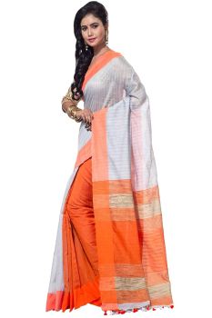 White And Orange Pure Handloom Cotton From Bengal Silk Saree