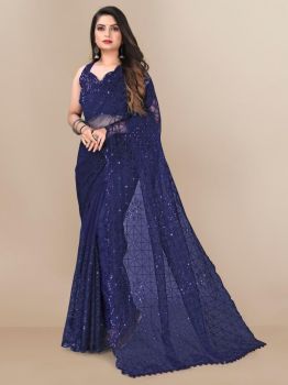 Navy Blue Box Design Embroidery Piping Work Soft Net Saree