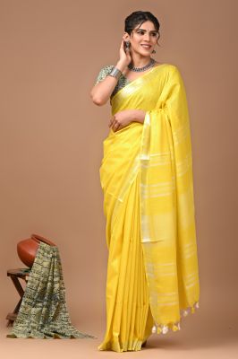 Yellow Pure Handloom Linen Cotton Saree From Bengal