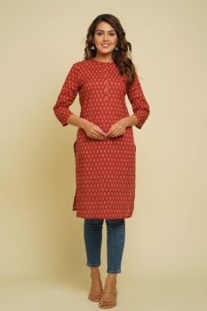 RED FLOWER PRINTED STRAIGHT COTTON TKURTI
