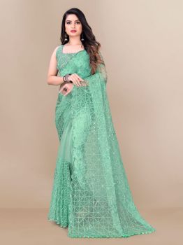 Light Green Box Design Embroidery Piping Work Soft net Saree