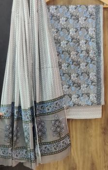 Powder Ash Printed Suit With Flower Design Dupatta