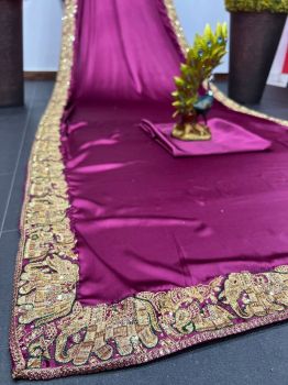 Purple Plain Body Sequence Thread Work Satin Saree