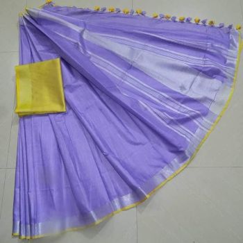 Light Blue Plain Linen By Linen Saree From Bhagalpur