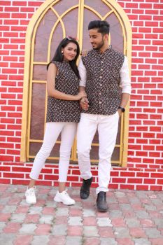 Black Red Pure Hand Block Printed Cotton Jacket Couple Set