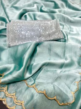 Sky Blue Plain Body Embroidery Work Georgette Silk Saree