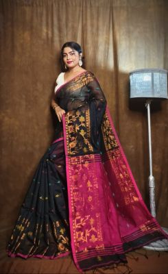 Black Silk Cotton Pure Handloom Cotton Saree