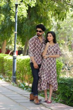 Dusty Grey Hand Block Printed Designer Pure Cotton Couple Set
