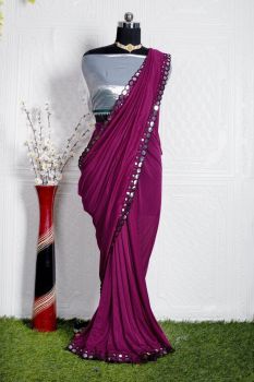 Violet Plain Body Embroidery Work Satin Saree