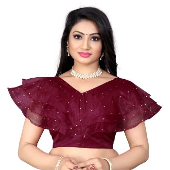 Purple Nylon Silk Net With Mirror Work Blouse