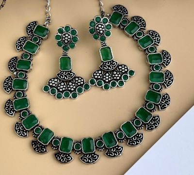 Silver Pure Oxidised Necklace With Green Stone Jewellery