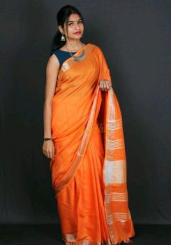 Orange Plain Linen By Linen Saree From Bhagalpur