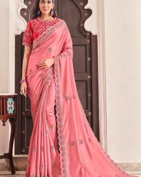Pink Flower Embroidery Silk Saree