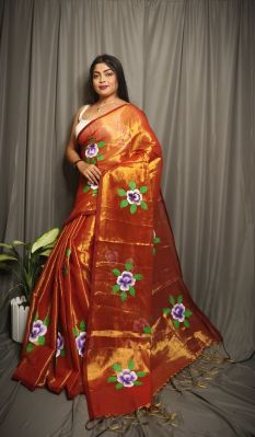 Orange Pure Handloom Tissue Cotton Saree From Bengal