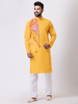 Yellow Handcrafted Pure Cotton Kurta For Men From Bengal