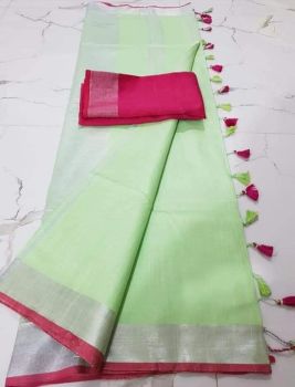 Light Green Plain Linen By Linen Saree From Bhagalpur
