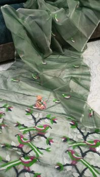 Green Pure Handloom Dhakai Jamdani Resham Saree From Bengal