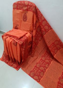 Dark Peach Hand Block Printed Work Saree