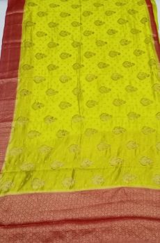 Yellow Pure Dupion Silk Saree From Banaras
