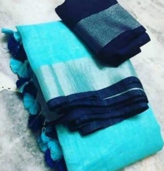 Sky Blue Plain Linen By Linen Saree From Bhagalpur