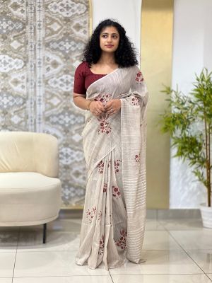 Off White Pure Handloom Baswada Silk Saree From Bihar