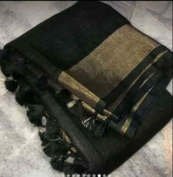 Black Plain Linen By Linen Saree From Bhagalpur
