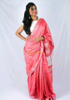 Peach Plain Linen By Linen Saree From Bhagalpur